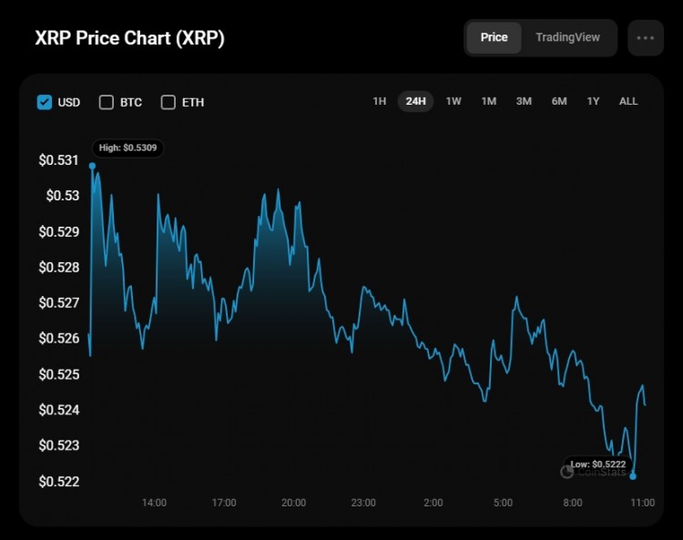 XRPUSD自昨天以来XRP的价格下跌了047在小时图上XRP的价格