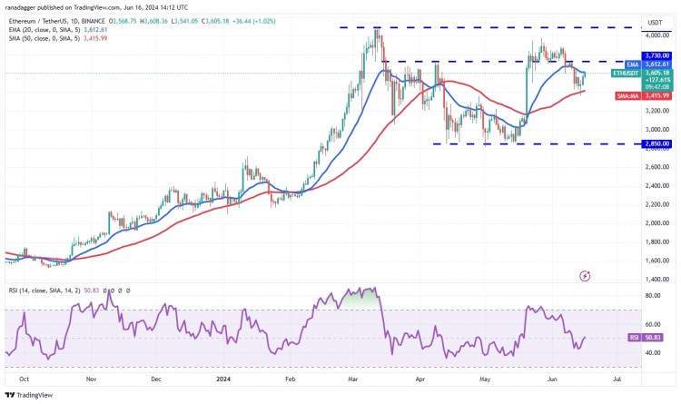 ETHUSDT日线图6月14日以太币从50日均线3415大幅反弹表明较